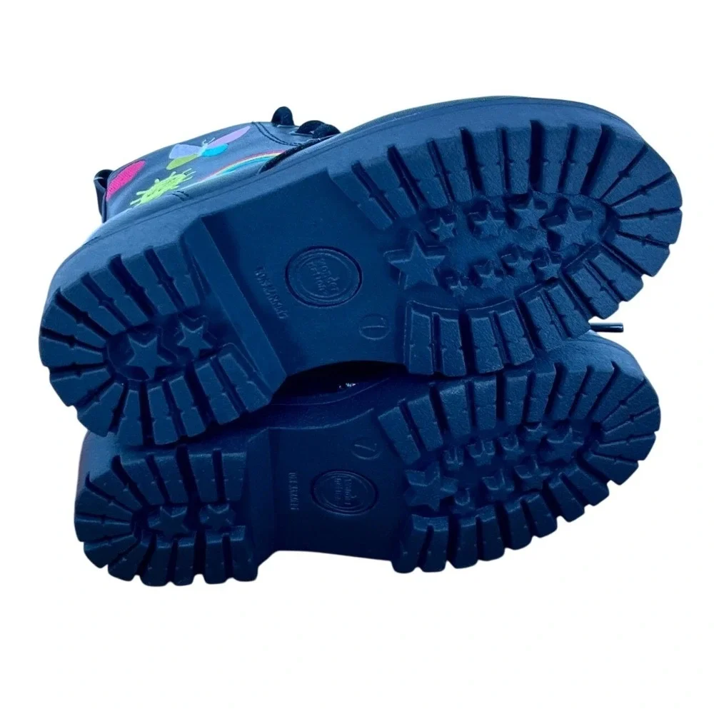 Wonder Nation Combat‎ Boots Girls Size 7 Black Rainbow Butterfly Patches Kidcore